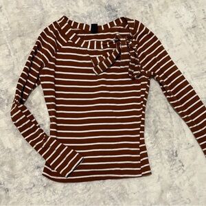 Rust and White Striped Long-Sleeve Tie-Neck Top